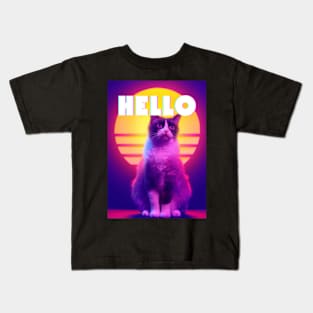 Hello Synthwave Retro Cat Kids T-Shirt